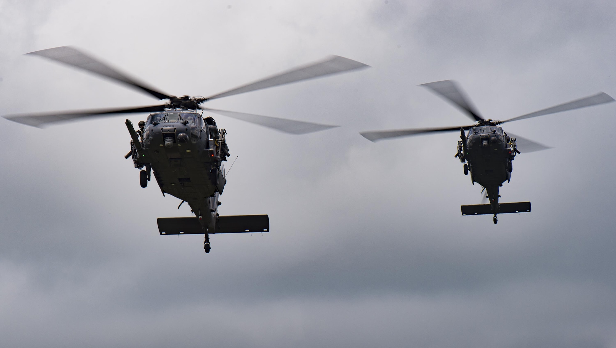 HH-60G Pave Hawks fly over Grand Bay Bombing and Gunnery Range at Moody Air Force Base, Ga., May 20, 2016. Multiple U.S. Air Force aircraft within Air Combat Command conducted joint aerial training showcasing the aircraft’s tactical air and ground maneuvers, as well as its weapons capabilities. (U.S. Air Force photo by Tech. Sgt. Zachary Wolf/Released)