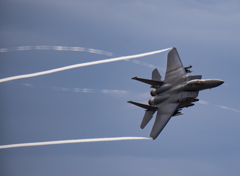 An F-15E Strike Eagle flies over Grand Bay Bombing and Gunnery Range at Moody Air Force Base, Ga., May 20, 2016. The F-15 is a dual-role fighter designed to perform air-to-air and air-to-ground missions. (U.S. Air Force photo by Tech. Sgt. Zachary Wolf/Released)