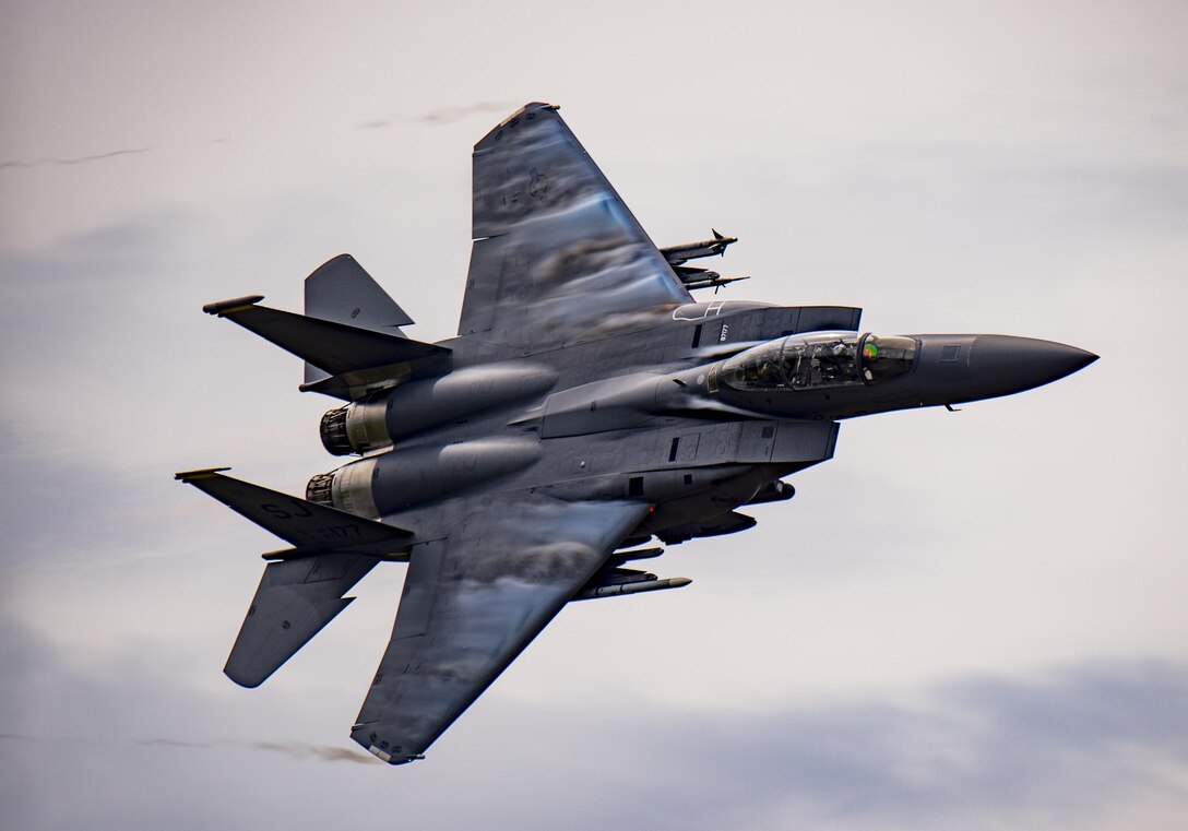 An F-15E Strike Eagle flies over Grand Bay Bombing and Gunnery Range at Moody Air Force Base, Ga., May 20, 2016. Multiple U.S. Air Force aircraft within Air Combat Command conducted joint aerial training showcasing the aircraft’s tactical air and ground maneuvers, as well as its weapons capabilities. (U.S. Air Force photo by Tech. Sgt. Zachary Wolf/Released)