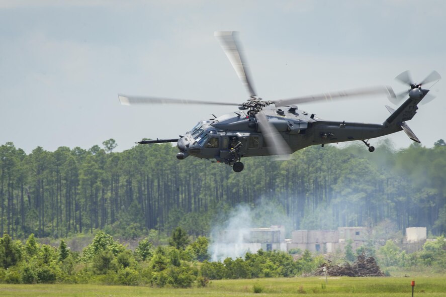 An HH-60G Pave Hawk maneuvers over Grand Bay Bombing and Gunnery Range at Moody Air Force Base, Ga., May 19, 2016. Multiple U.S. Air Force aircraft within Air Combat Command conducted joint aerial training showcasing the aircraft’s tactical air and ground maneuvers, as well as its weapons capabilities. (U.S. Air Force photo by Airman Daniel Snider/Released)
