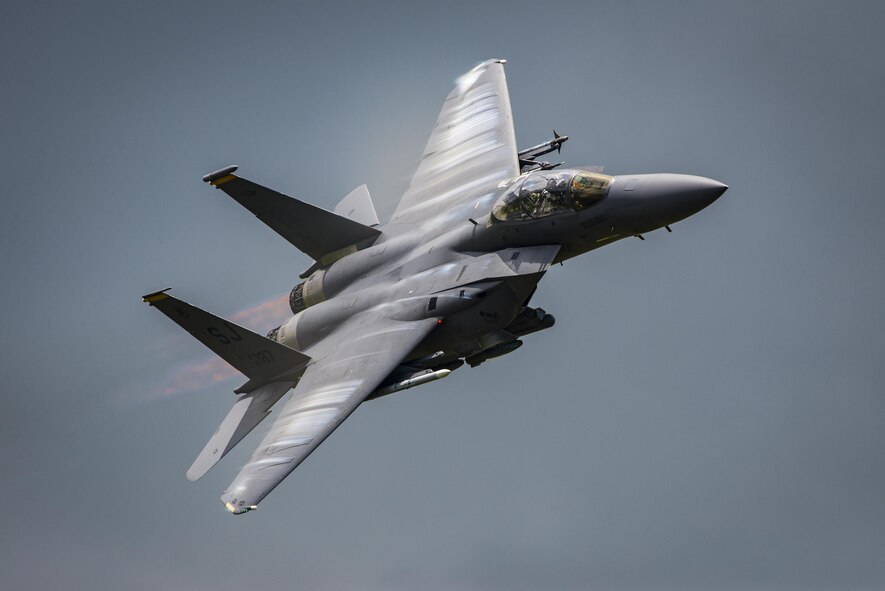 An F-15E Strike Eagle soars above Grand Bay Bombing and Gunnery Range at Moody Air Force Base, Ga., May 19, 2016. The F-15 participated in joint training displaying tactical air and ground maneuvers, as well as weapons training. (U.S. Air Force photo by Airman Daniel Snider/Released)
