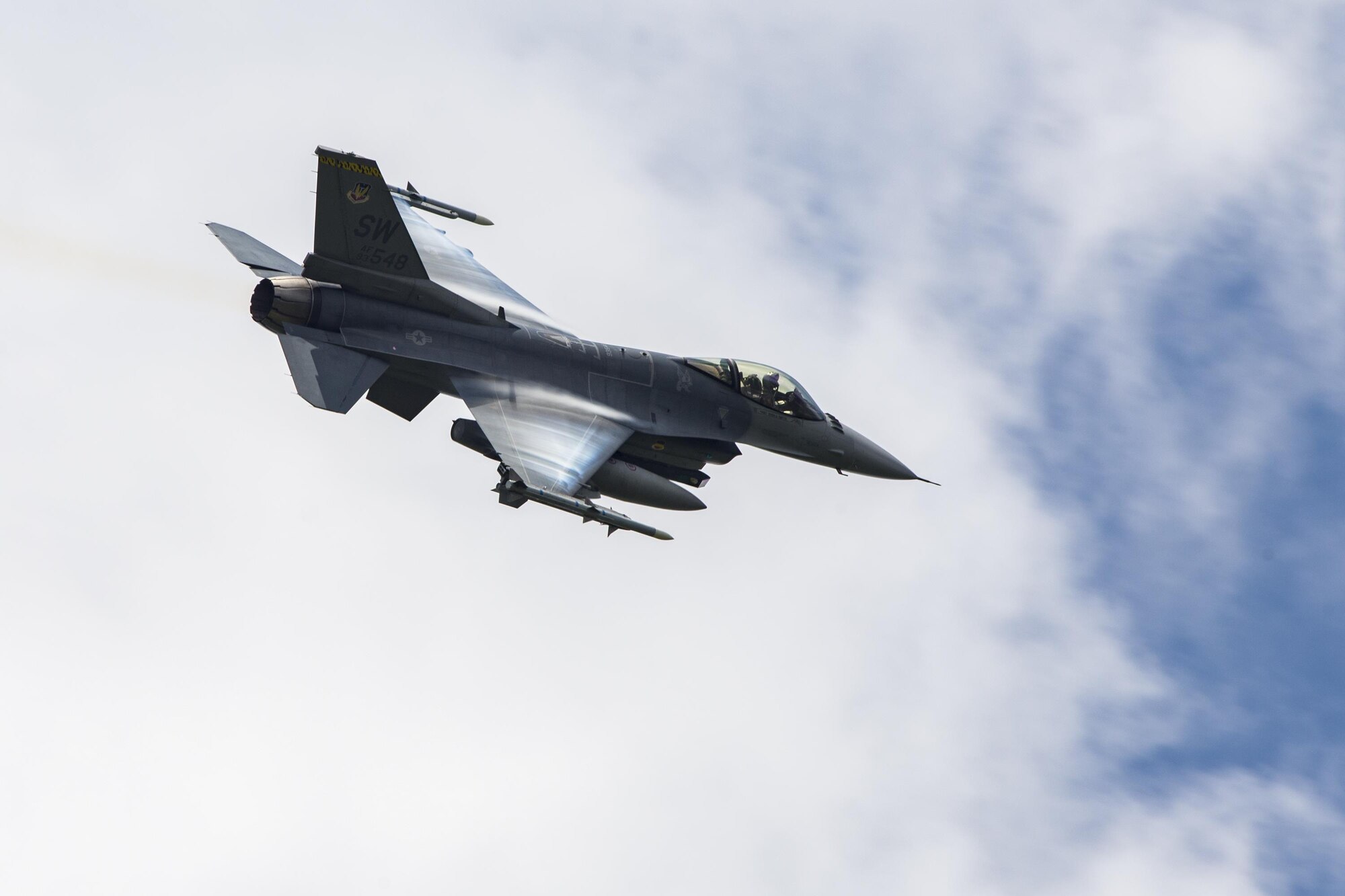 An F-16 Fighting Falcon flies over Grand Bay Bombing and Gunnery Range at Moody Air Force Base, Ga., May 20, 2016. Multiple U.S. Air Force aircraft within Air Combat Command conducted joint aerial training showcasing the aircraft’s tactical air and ground maneuvers, as well as its weapons capabilities. (U.S. Air Force photo by Airman Daniel Snider/Released)