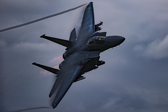 An F-15E Strike Eagle soars above Grand Bay Bombing and Gunnery Range at Moody Air Force Base, Ga., May 20, 2016. Multiple U.S. Air Force aircraft within Air Combat Command conducted joint aerial training showcasing the aircraft’s tactical air and ground maneuvers, as well as its weapons capabilities. (U.S. Air Force photo by Airman Daniel Snider/Released)