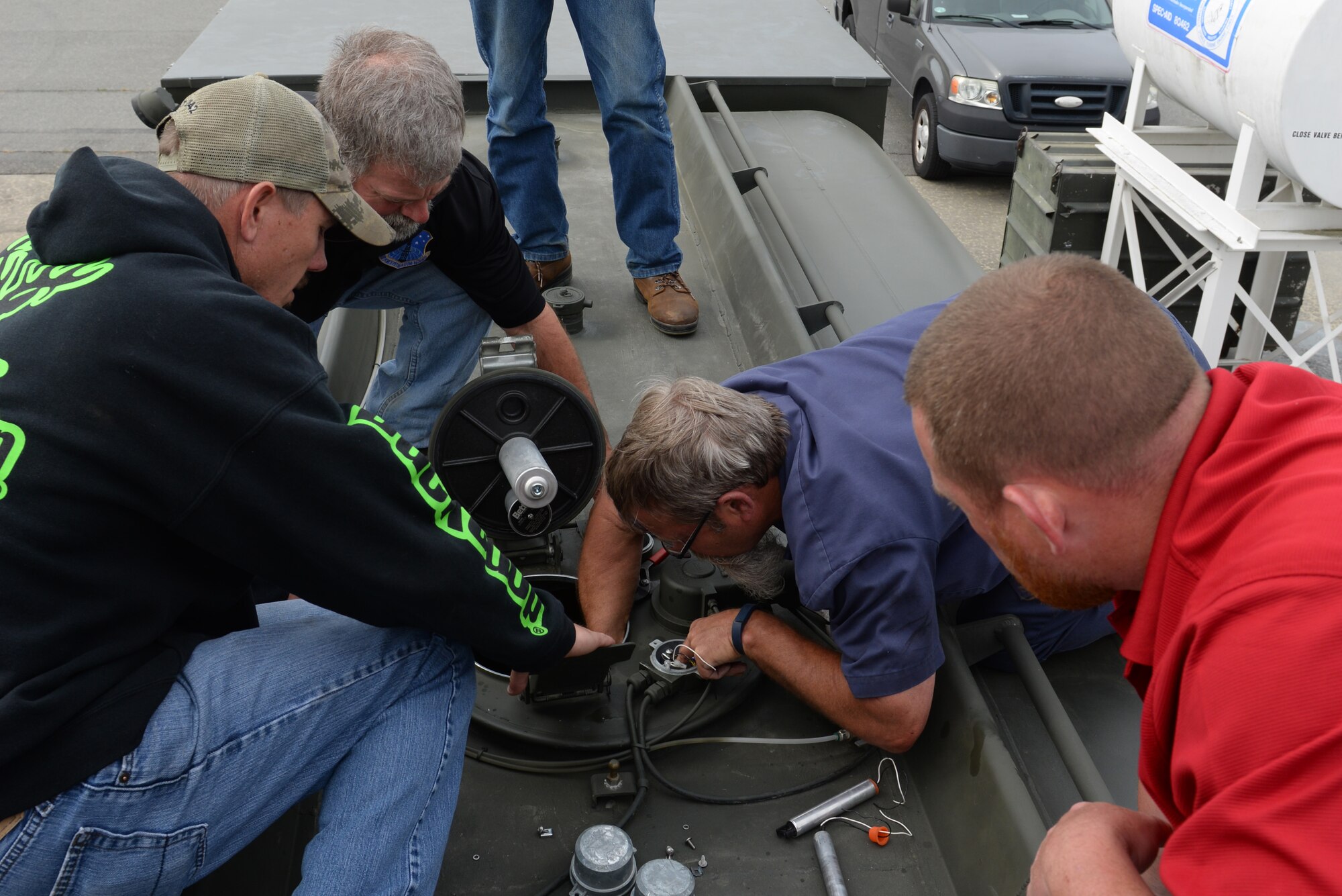 The Isometrics R-11 Refueler truck works on the truck fabrication team fuel sensors, May 17, 2016, at Seymour Johnson Air Force Base, North Carolina. The new R-11 was constructed to refuel jets as well as tankers more efficiently than current units. (U.S. Air Force photo by Airman 1st Class Ashley Williamson)