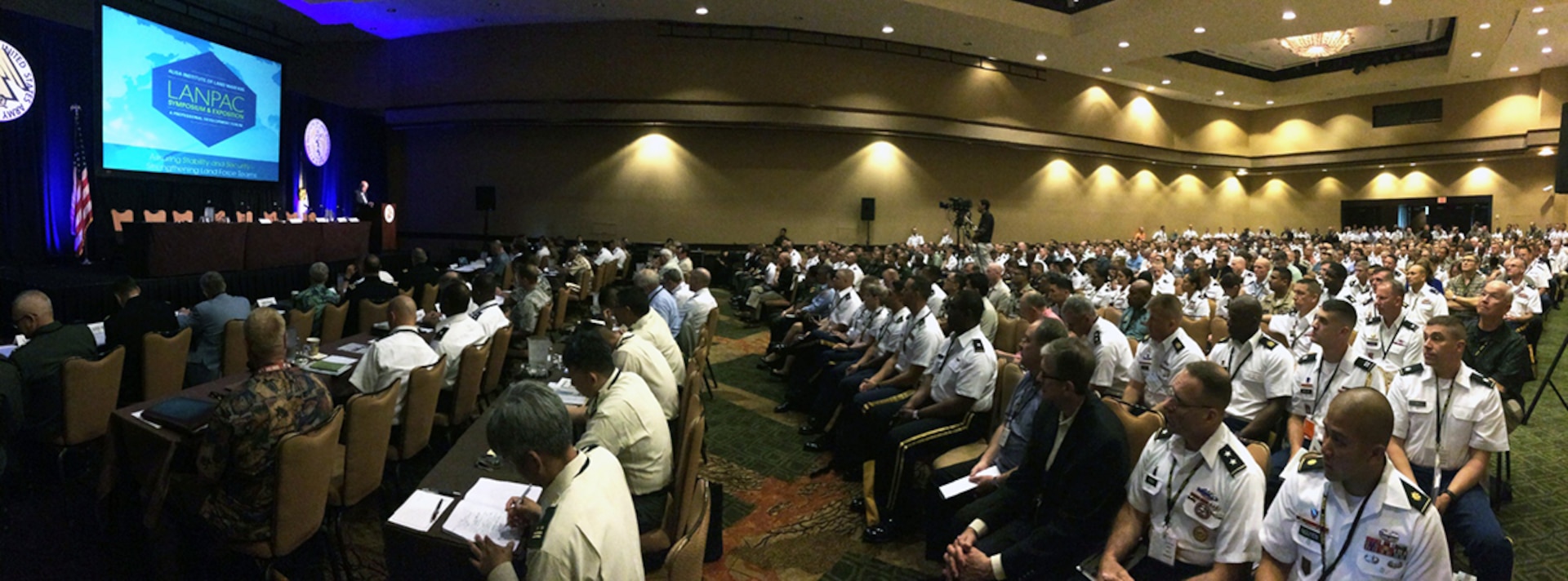 HONOLULU, Hawaii (May 24, 2016) - Representatives from more than 20 nations throughout the Indo-Asia-Pacific region, as well as service members from all four branches of the U.S. Department of Defense, gather at the Sheraton Waikiki to kick off the 4th annual land power in the Pacific (LANPAC) Symposium & Exposition. The three-day symposium will provide an opportunity for multiple land forces commanders from the U.S. Army Pacific; U.S. Marine Corps Forces, Pacific; and Special Operations Command Pacific, alongside joint and regional partners, to discuss and showcase the critical role of Pacific land forces which extend over an area that that spans nearly half the world's surface area and holds half the world's population. This year's theme is "Assuring Stability and Security - Strengthening Land Force Teams". 
