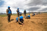 Members of the Mongolian Armed Forces participate in minefield self-extraction training during Khaan Quest 2016 at Five Hills Training Area near Ulaanbaatar, Mongolia. The training provided MAF members with the skills to safely identify and mark potential threats in a minefield. Khaan Quest 2016 is an annual, multinational peacekeeping operations exercise hosted by the Mongolian Armed Forces, co-sponsored by U.S. Pacific Command, and supported by U.S. Army Pacific and U.S. Marine Corps Forces, Pacific. Khaan Quest, in its 14th iteration, is the capstone exercise for this year’s Global Peace Operations Initiative program. The exercise focuses on training activities to enhance international interoperability, develop peacekeeping capabilities, build to mil-to-mil relationships, and enhance military readiness. 