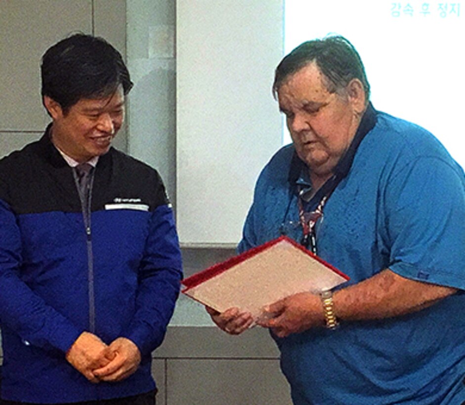On Tuesday, May 24, 2016, Far East District mechanics in Seoul furthered their professional development with training on the 2017 Hyundai Santa Fe. Ken Pickler, FED's Chief of Transportation, presented Hyundai with a certificate of appreciation for the partnership, which has provided several valuable training opportunities over the past few years. The Far East District of the U.S. Army Corps of Engineers is headquartered in the Dongdaemun District of Seoul.