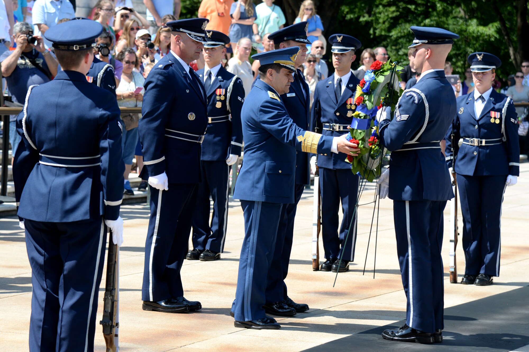 Chief of Air Staff of the Romanian Air Force Maj. Gen. Laurian Anastasof
places a wreath at the Tomb of the Unknown Soldier at Arlington National
Cemetery in Arlington, Virginia, May 24, 2016.  Distinguished visitors
commonly pay formal respects to the sacrifice of America's veterans in
foreign wars by placing a wreath before the Tomb. (U.S. Air Force Photo/Tech. Sgt. Matt Davis)

