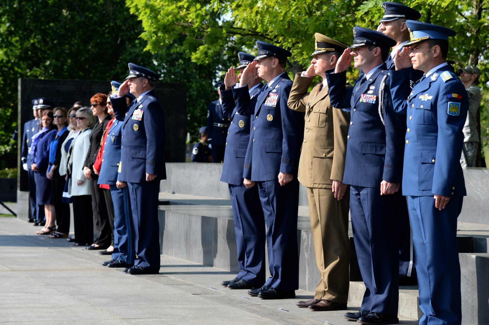 Air Force District of Washington Commander Maj. Gen. Darryl W. Burke salutes
during a welcoming ceremony at the Air Force Memorial May 24, 2016. Gen.
Anastasof visited the National Capital Region as part of the U.S. Air
Force's Counterpart Visit Program. The Air Force District of Washington
brings air, space and cyberspace capabilities to the joint team protecting
the nation's capital, and supports local personnel and those serving
worldwide. (U.S. Air Force Photo/Tech. Sgt. Matt Davis)

