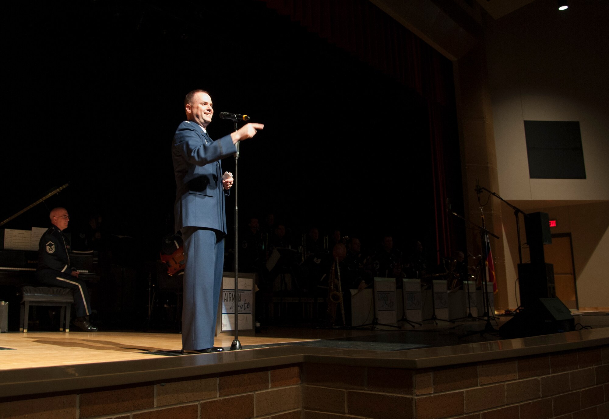 On a recent community relations tour with the Airmen of Note, 11th OG Commander, Colonel Jon Julian shared the Air Force message with the community prior to each performance
