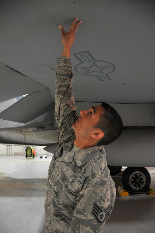 Staff Sgt. Trevor Tompkins of the Massachusetts Air National Guard, 104th Fighter Wing, inspects an F-15 Eagle aircraft during his daily preflight checks at Barnes Air National Guard Base. Tompkins was selected as the Continental U.S. North American Aerospace Control Alert Maintainer of the Year out of 16 ACA units throughout the Air Force. (U.S. Air National Guard photos by Master Sgt. Julie Avey) 