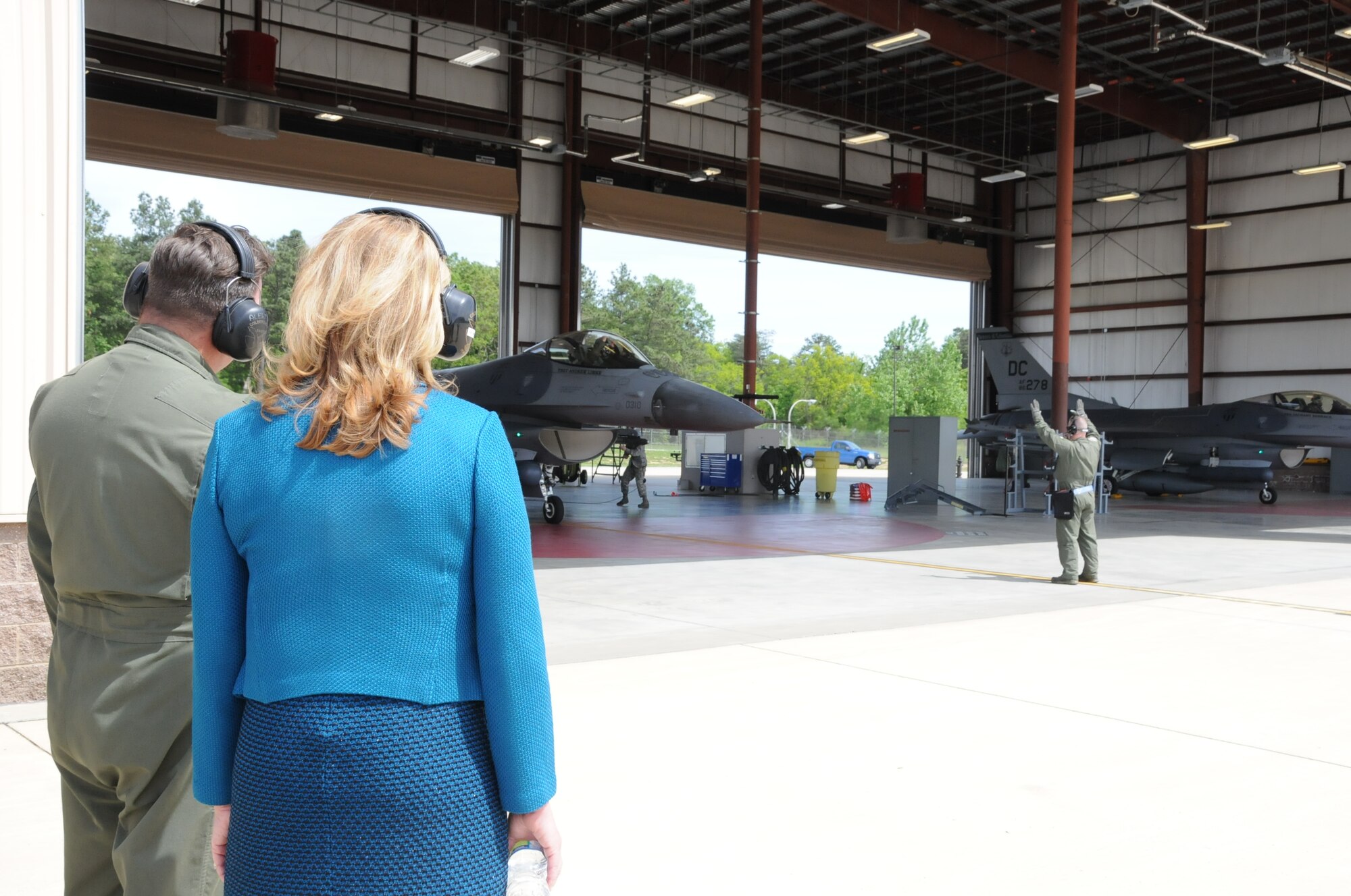 JOINT BASE ANDREWS, Md. – Secretary of the Air Force Deborah Lee James watches a practice scramble during her tour of the 113th Wing May 20. The scramble highlighted the 113th Wing’s high activity alert mission protecting the National Capital Region. (U.S. Air National Guard photo by Senior Airman Erica Rodriguez)