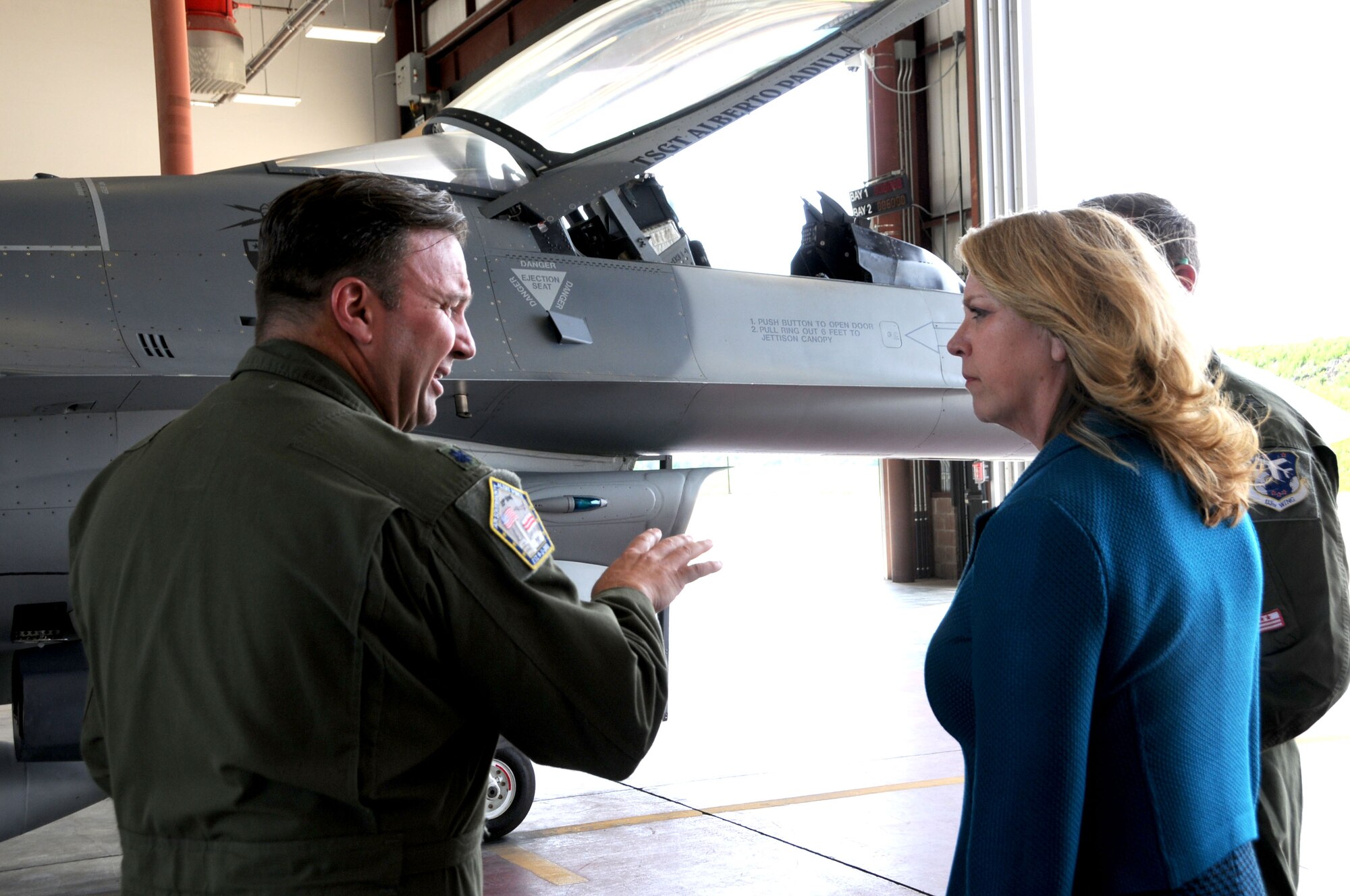JOINT BASE ANDREWS, Md. – Lt. Col. Eric Haagenson, 113th Aerospace Control Alert commander, shows Secretary of the Air Force Deborah Lee James an F-16 alert during her tour of the 113th Wing May 20. Members from the 113th Aerospace Control Alert facility carried out a real-time practice scramble to demonstrate the wing’s alert mission to protect the National Capital Region. (U.S. Air National Guard photo by Senior Airman Erica Rodriguez)