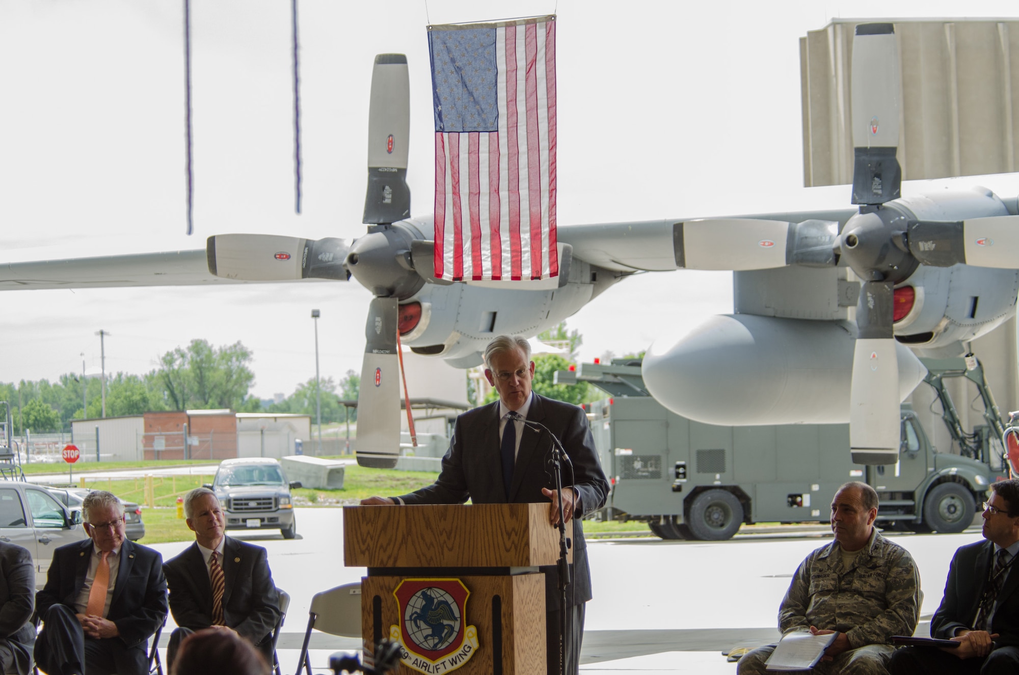 Missouri Gov. Jay Nixon speaks at a press conferences at Rosecrans Air National Guard Base, St. Joseph, Mo., on May 25, 2016. The governor announced that $5 million of state funding will be used to reinforce the levees along the Missouri River which protect the 139th Airlift Wing and surrounding communities. (U.S. Air National Guard photo by Tech. Sgt. Erin Hickok/Released)