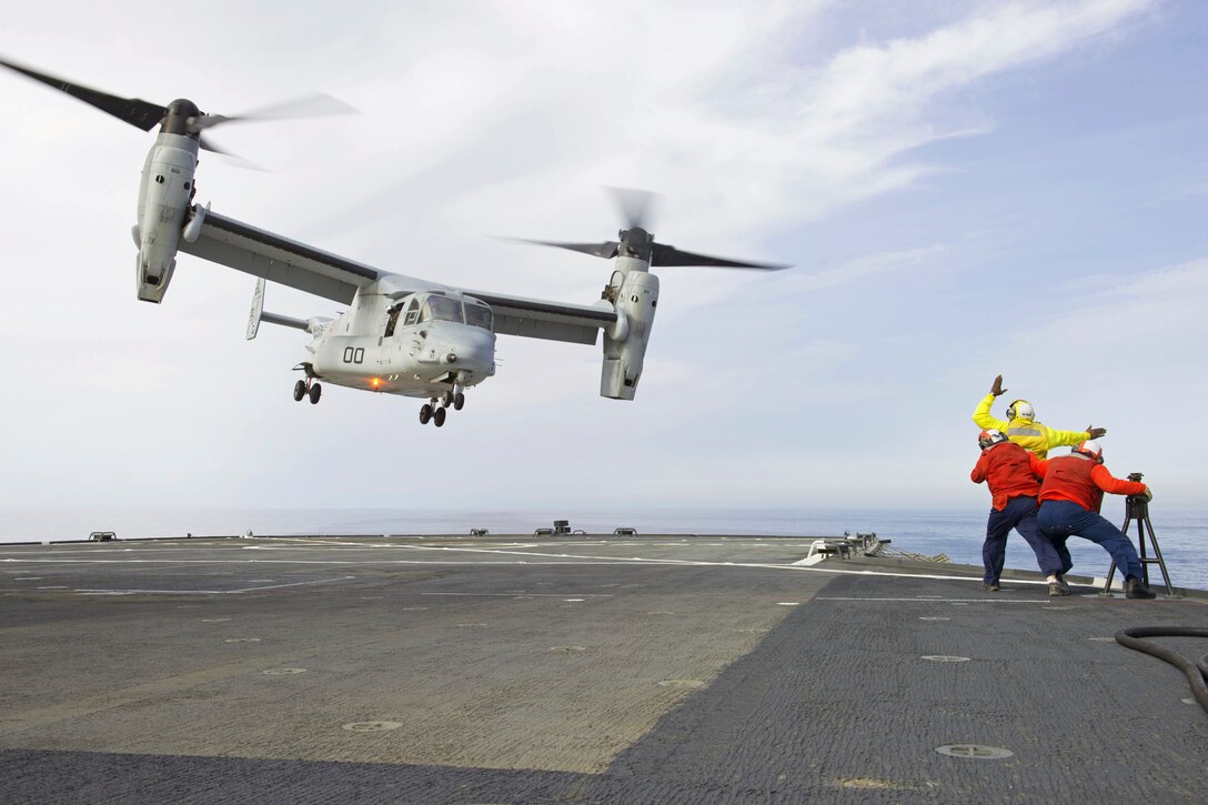 An MV-22B Osprey of Marine Medium Tiltrotor Squadron 263 takes off from the flight deck of USS Mount Whitney in the Mediterranean Sea, May 23, 2016. Navy photo by Seaman Alyssa Weeks