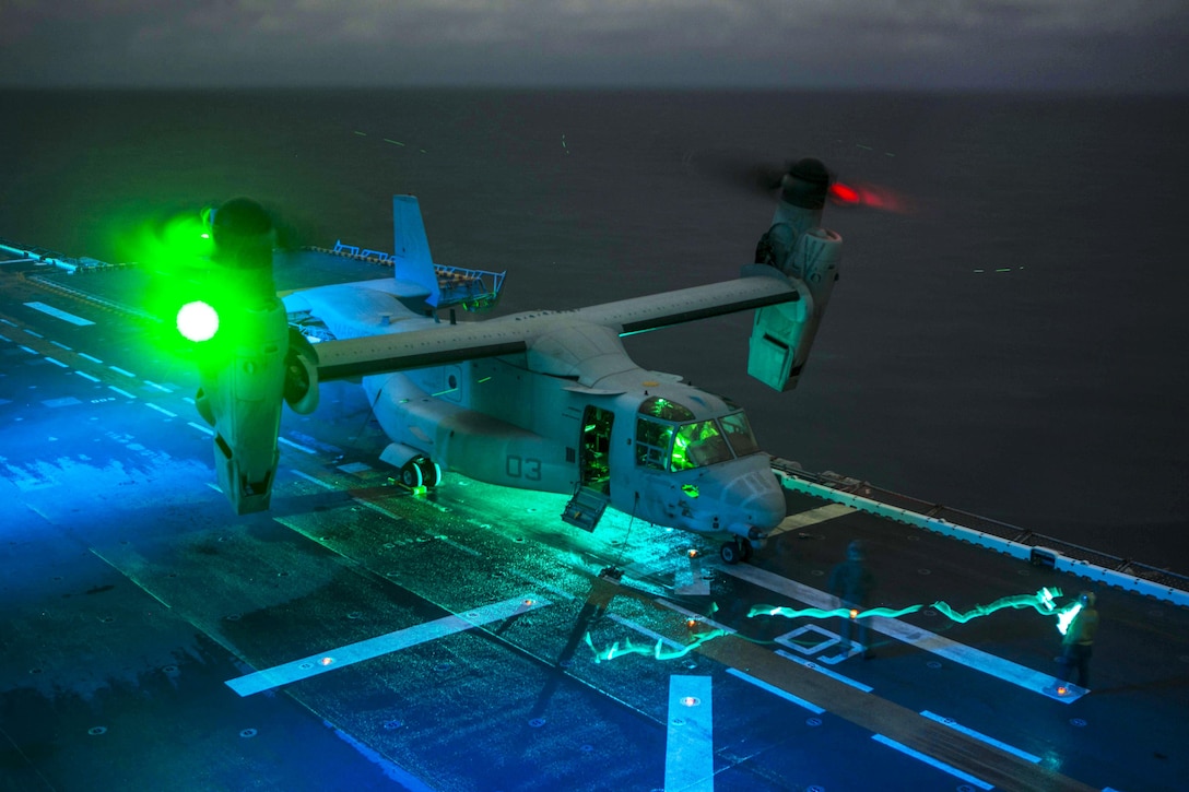 An MV-22B Osprey lands on the USS Wasp to bring Marines back from a tactical recovery of aircraft and personal mission at sea, May 19, 2016. The Osprey is assigned to Marine Medium Tiltrotor Squadron 264, 22nd Marine Expeditionary Unit. The unit and Amphibious Squadron 6 conducted a composite training unit exercise. Marine Corps photo by Cpl. John A. Hamilton Jr.

