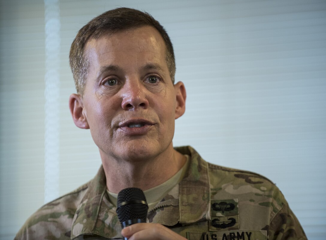 Lt. Gen. Jeffrey Talley, chief of the U.S. Army Reserve, offers final thoughts during his last town hall meeting at Fort Belvoir, Virginia, which was broadcasted live across the internet for viewers to participate from around the world, May 24. During the meeting, Talley spoke on a variety of topics affecting the Army Reserve and answered questions from both the online and live audiences. (U.S. Army photo by Master Sgt. Michel Sauret)