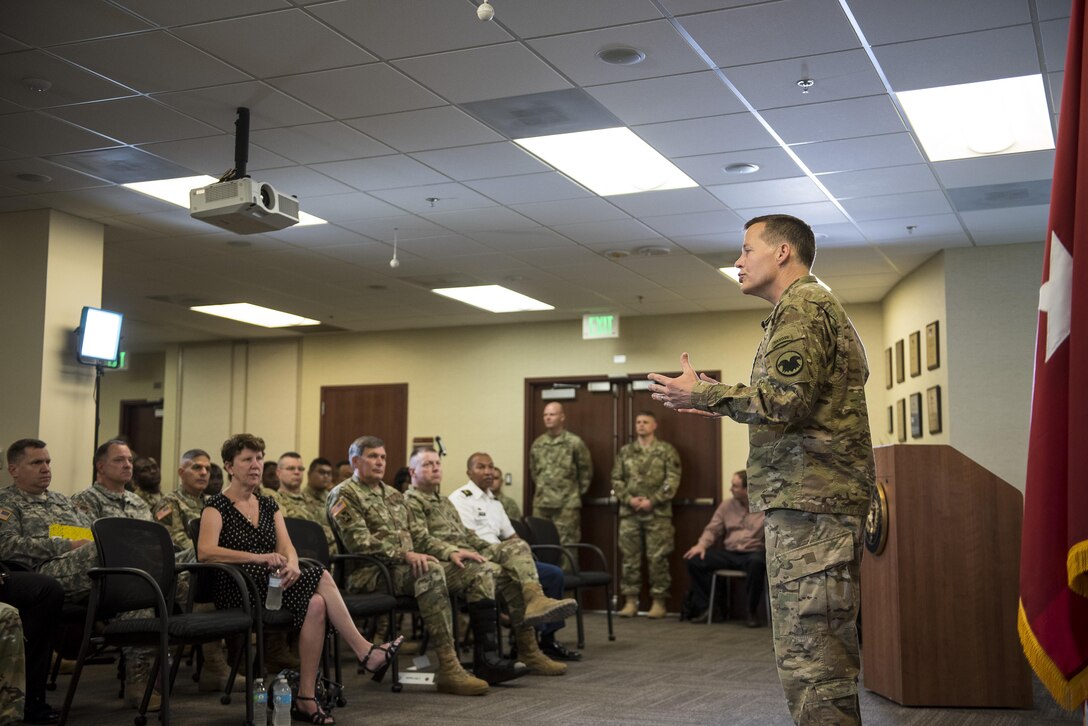 Lt. Gen. Jeffrey Talley, chief of the U.S. Army Reserve, conducts his final town hall meeting at Fort Belvoir, Virginia, which was broadcasted live across the internet for viewers to participate from around the world, May 24. During the meeting, Talley spoke on a variety of topics affecting the Army Reserve and answered questions from both the online and live audiences. (U.S. Army photo by Master Sgt. Michel Sauret)