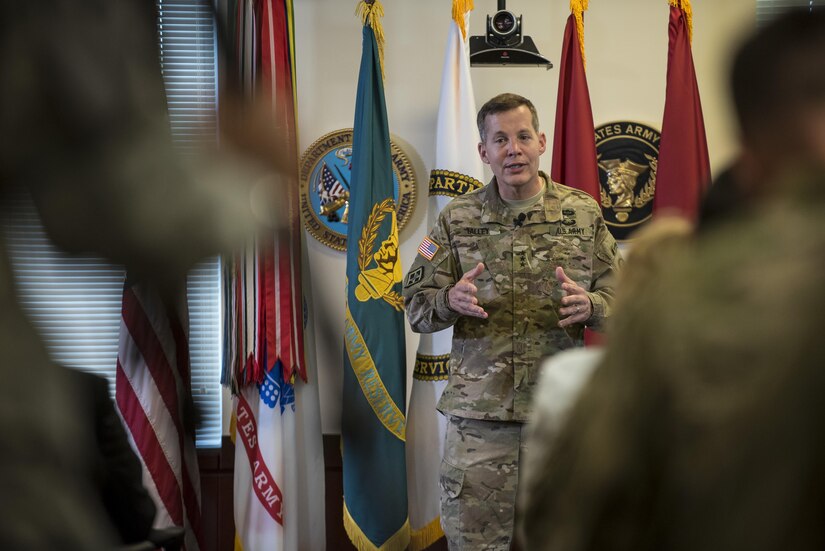 Lt. Gen. Jeffrey Talley, chief of the U.S. Army Reserve, speaks during his final town hall meeting at Fort Belvoir, Virginia, which was broadcasted live across the internet for viewers to participate from around the world, May 24. During the meeting, Talley spoke on a variety of topics affecting the Army Reserve and answered questions from both the online and live audiences. (U.S. Army photo by Master Sgt. Michel Sauret)