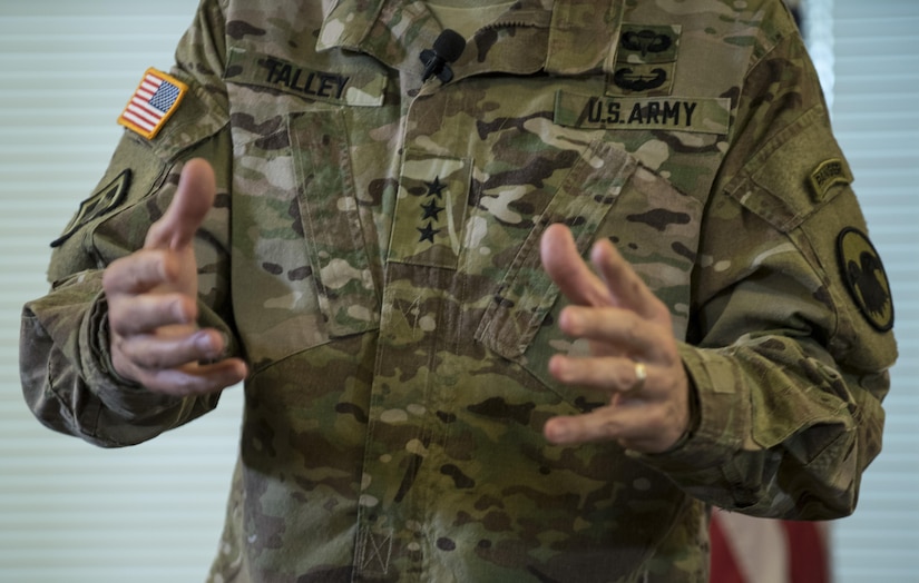 Lt. Gen. Jeffrey Talley, chief of the U.S. Army Reserve, conducts his final town hall meeting at Fort Belvoir, Virginia, which was broadcasted live across the internet for viewers to participate from around the world, May 24. During the meeting, Talley spoke on a variety of topics affecting the Army Reserve and answered questions from both the online and live audiences. (U.S. Army photo by Master Sgt. Michel Sauret)