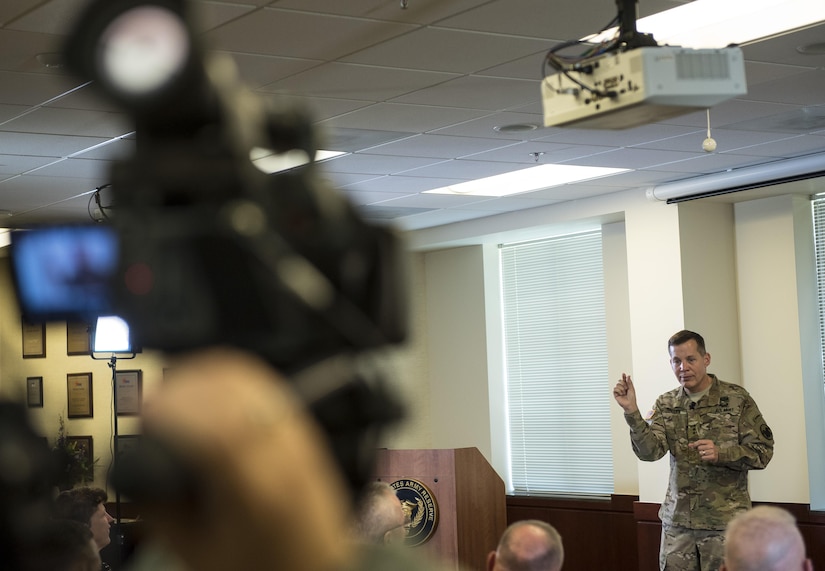 Lt. Gen. Jeffrey Talley, chief of the U.S. Army Reserve, speaks during his final town hall meeting at Fort Belvoir, Virginia, which was broadcasted live across the internet for viewers to participate from around the world, May 24. During the meeting, Talley spoke on a variety of topics affecting the Army Reserve and answered questions from both the online and live audiences. (U.S. Army photo by Master Sgt. Michel Sauret)