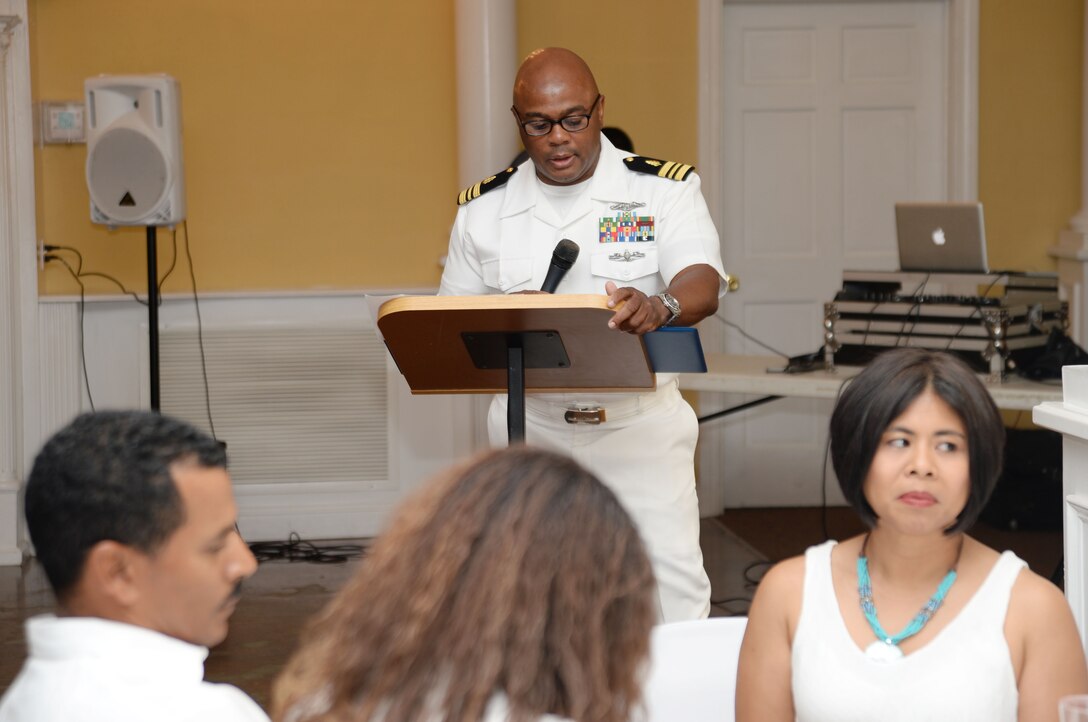 Lt. Cmdr. Donald Mitchell, senior nurse executive, Naval Branch Health Clinic-Albany, aboard Marine Corps Logistics Base Albany, retires after 30-years of active-duty service in the Navy at a “fair winds” celebration in Orange Park, Florida, May 14. Mitchell kicked-off his own retirement ceremony before a standing-room-only crowd of witnesses, donned in a sea of U.S. Navy summer uniforms and white civilian attire, who poured into the Orange Park Women’s Club to celebrate the honoree.
