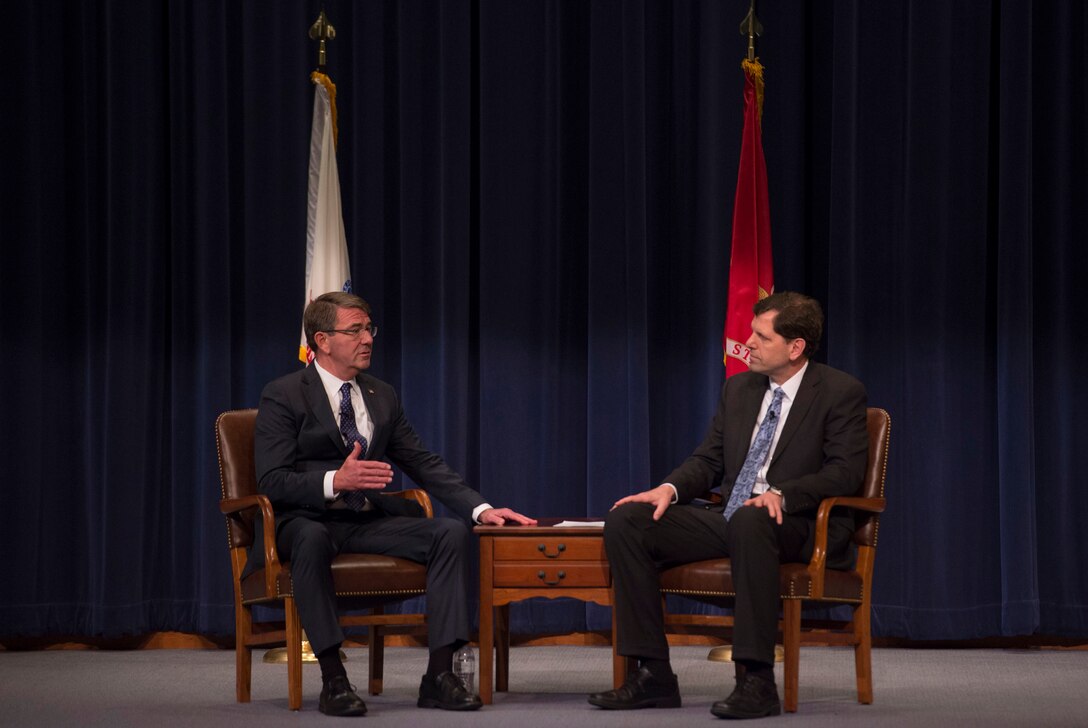 Defense Secretary Ash Carter participates in a moderated discussion with Phil Haun, dean of academics at the U.S. Naval War College, during a visit to the campus in Newport, R.I., May 25, 2016. DoD photo by Air Force Senior Master Sgt. Adrian Cadiz