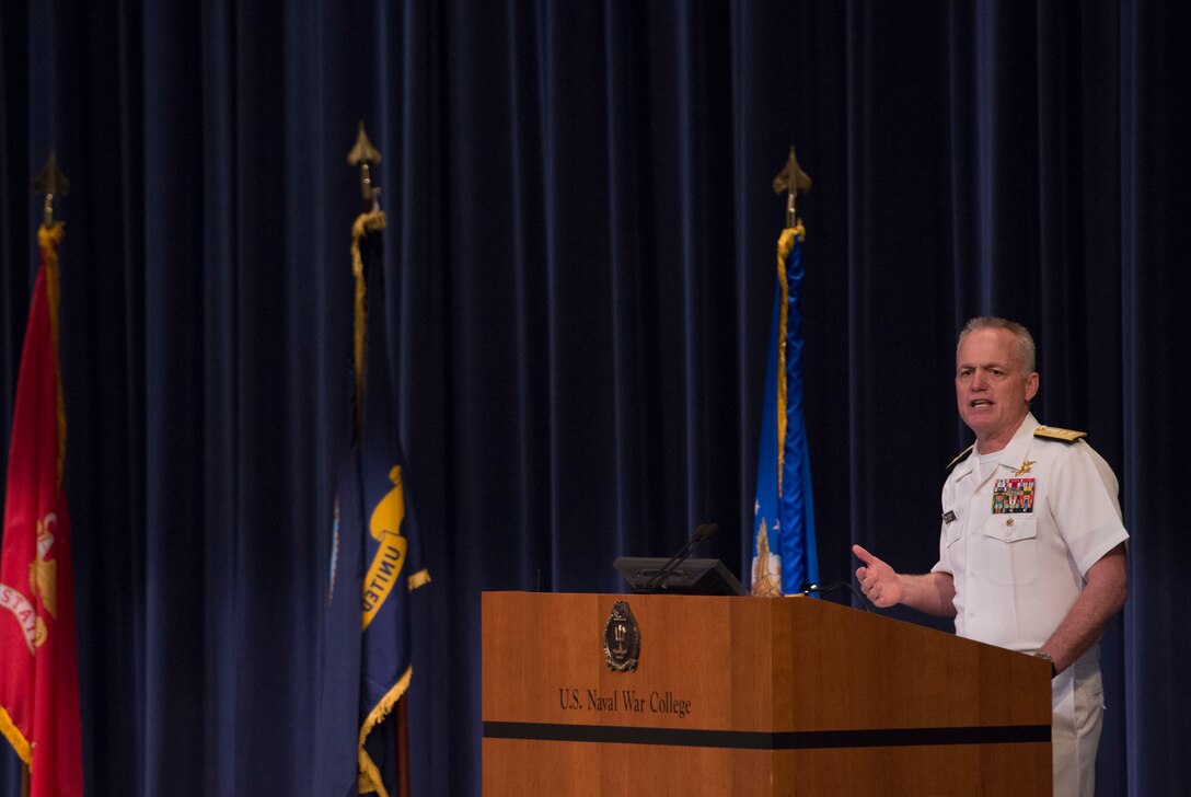Navy Rear Adm. P. Gardner Howe III, president of the U.S. Naval War College, introduces Defense Secretary Ash Carter as guest speaker at the college in Newport, R.I., May 25, 2016. DoD photo by Air Force Senior Master Sgt. Adrian Cadiz