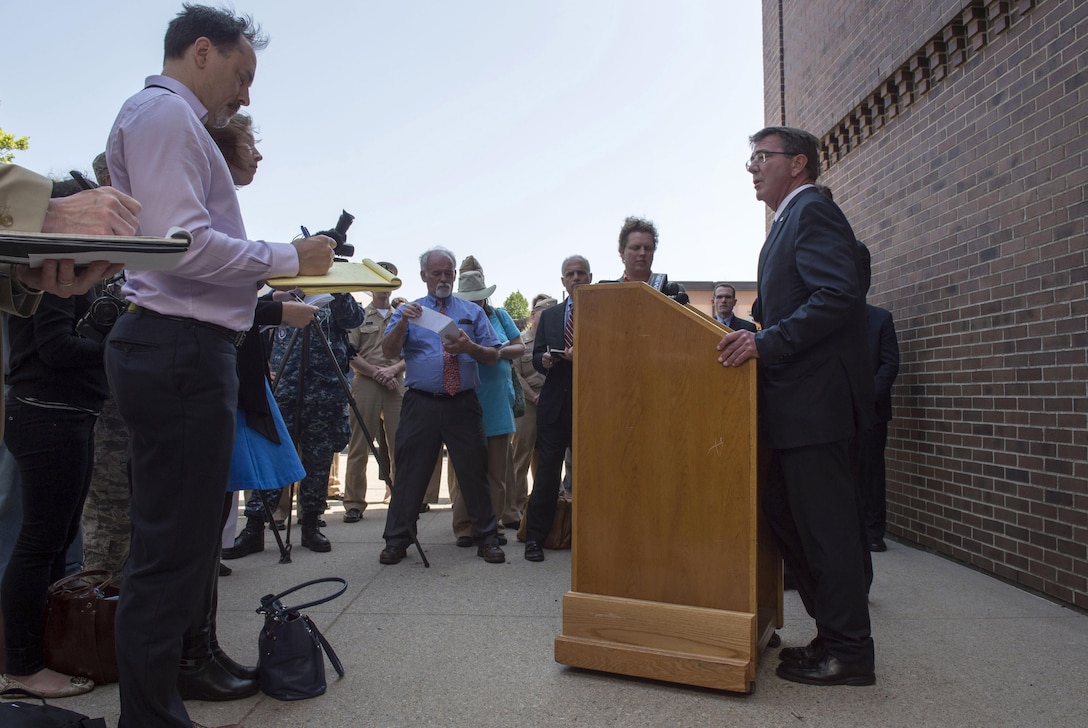 Defense Secretary Ash Carter speaks with reporters after visiting the Naval Undersea Warfare Center in Newport, R.I., May 25, 2016. DoD photo by Air Force Senior Master Sgt. Adrian Cadiz