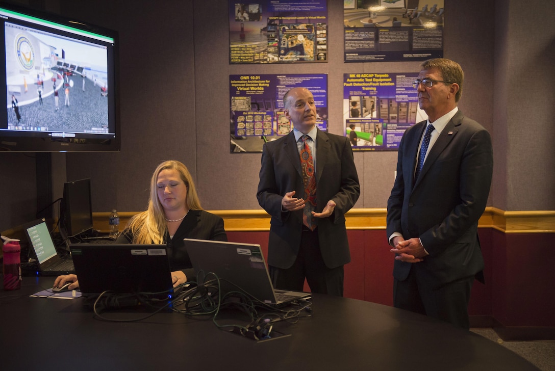 Defense Secretary Ash Carter receives a briefing on emerging virtual world technologies during a visit to the Naval Undersea Warfare Center in Newport, R.I., May 25, 2016. DoD photo by Air Force Senior Master Sgt. Adrian Cadiz