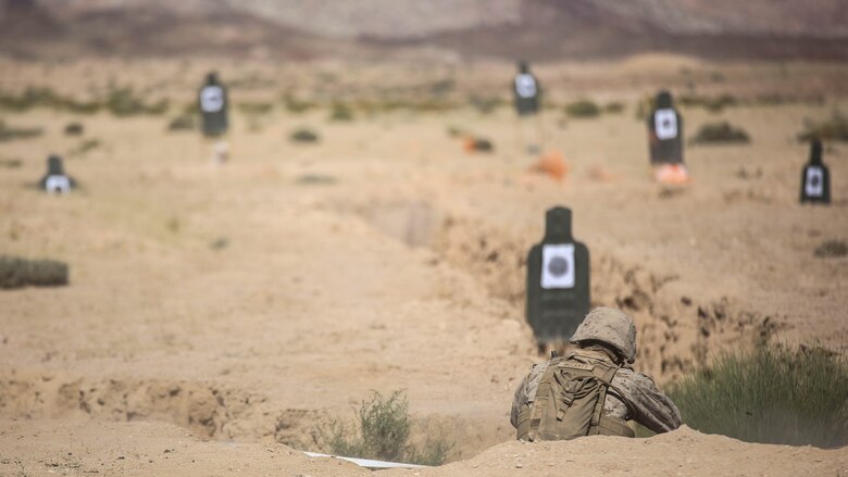 A Marine with 1st Battalion, 2nd Marine Regiment, 2nd Marine Division engages targets during a squad attacks exercise in Al Quweyrah, Jordan, May 19, 2016. Eager Lion is a recurring exercise between partner nations designed to strengthen military-to-military relationships, increase interoperability, and enhance regional security and stability. 