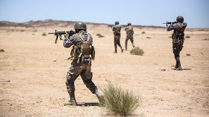 Members of the Jordanian 77th Marines Battalion engage targets during a squad attacks exercise in Al Quweyrah, Jordan, May 19, 2016. Eager Lion is a recurring exercise between partner nations designed to strengthen military-to-military relationships, increase interoperability, and enhance regional security and stability. 