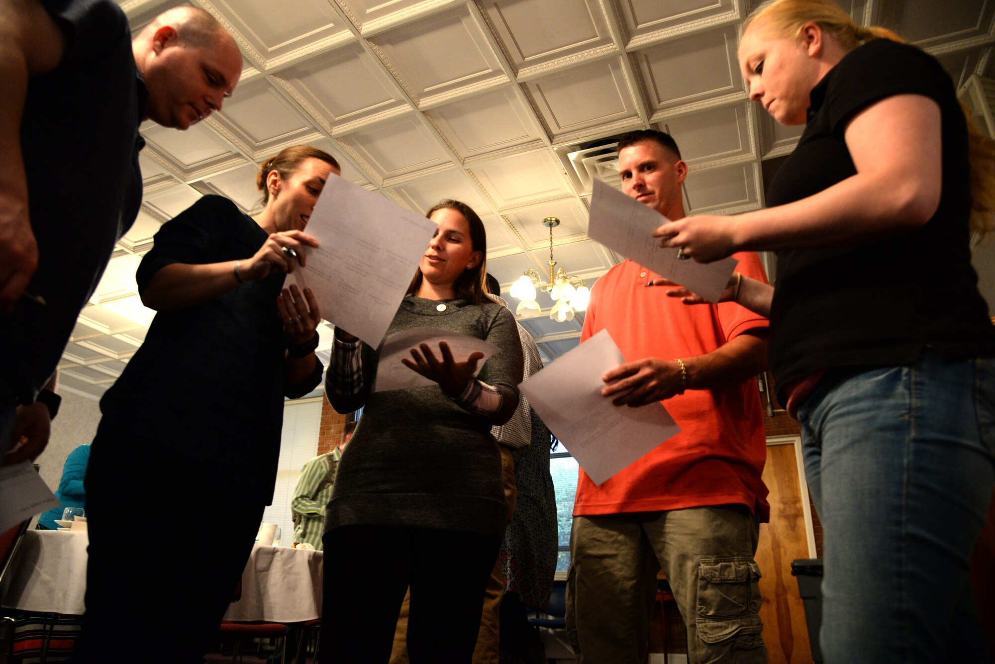 Couples complete activities learning about each other's marriages May, 20, 2016, during a marriage enrichment event at Seymour Johnson Air Force Base, North Carolina. Led by Chaplain (Capt.) Douglas Dixon, 4th Fighter Wing chaplain, the class taught skills and concepts to use in a marriage based on faith and core values. (U.S. Air Force photo/Staff Sgt. Chuck Broadway)
