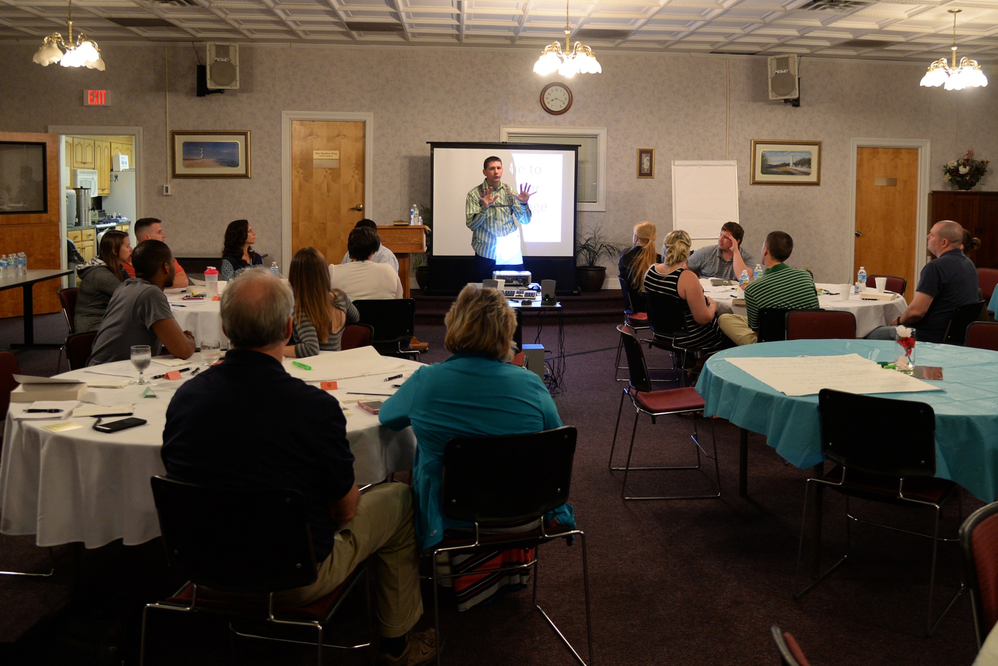 Chaplain (Capt.) Douglas Dixon, 4th Fighter Wing chaplain, leads a marriage enrichment event May 20, 2016, at Seymour Johnson Air Force Base, North Carolina. Dixon taught new perspectives of the concepts of communication and forgiveness in marriage. (U.S. Air Force photo/Staff Sgt. Chuck Broadway)