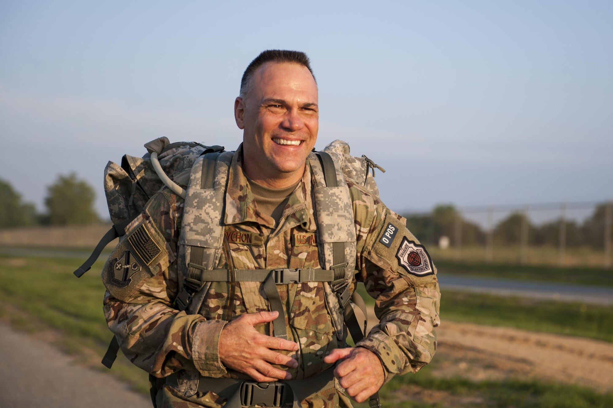 U.S. Air Force Col. Eric Trychon, 93d Air Ground Operations Wing vice commander, jogs during a Memorial Day 5k/10k, May 26, 2016, at Moody Air Force Base, Ga. Airmen from the 93d AGOW participated in the race wearing rucksacks and their uniform. (U.S. Air Force photo by Airman 1st Class Lauren M. Hunter/Released)