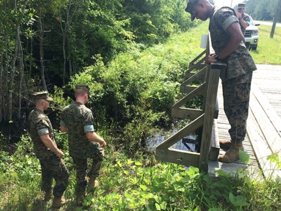 On May 10, 2016 Marine officer students attached to Combat Engineer Officer course 5-16 (CEO 5-16) studied examples of non-standard timber bridges. Pictured from left to right are Second Lieutenants Troy Searcy, Nicholas Downey, Aaron Graham, and Justin Wilkison.  Non-standard timber bridges, such as this one, give Marines the flexibility to build bridges in a wide range of environments.
