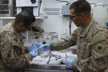 U.S. Army Sgt. 1st Class Luis A. Cotte, petroleum lab certification NCO with the 969th Quartermaster Detachment, 1st Sustainment Command (Theater), left, reviews a sample testing with Spc. Christian M. Valencia, petroleum laboratory specialists with Alpha Company, 640th Aviation Sustainment Battalion, 40th Combat Aviation Brigade during the fuel laboratory quarterly inspection, at Camp Arifjan, Kuwait, June 14, 2016. (U.S. Army photo by Sgt. 1st Class Naurys Marte/Released)
