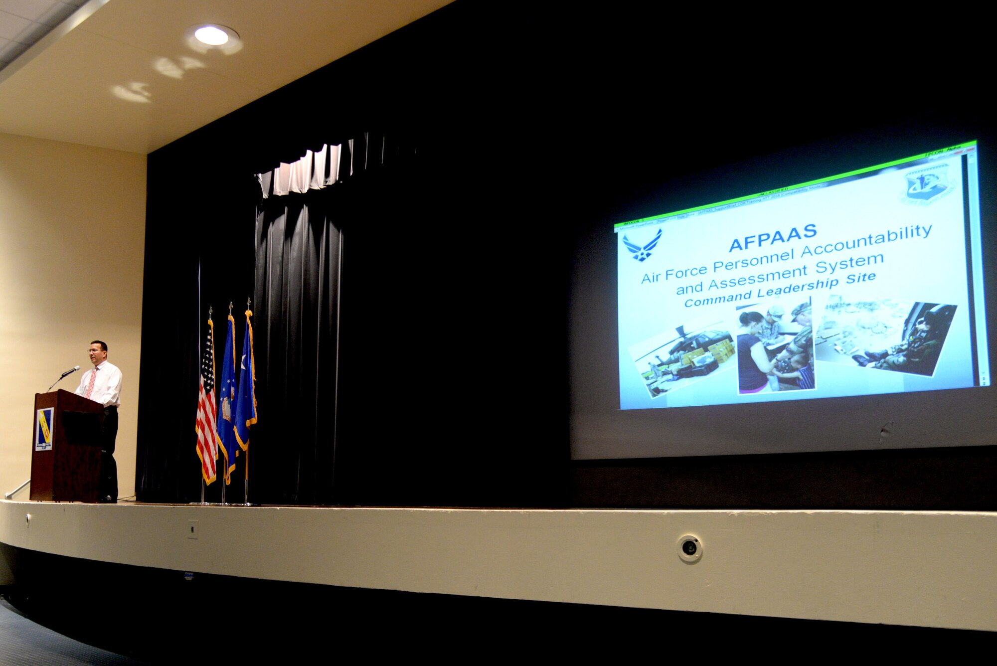 Brian Angell, Air Force Personnel Center chief of the personnel readiness cell, briefs members of Team Seymour on the Air Force Personnel Accountability and Assessment System, May 25, 2016, at Seymour Johnson Air Force Base, North Carolina. AFPAAS is used to account for all Airmen and their families during a natural or man-made disaster, such as a hurricane or active shooter event. Various representatives from base were trained on the system, which is used at all levels of Air Force command in real-time. (U.S. Air Force photo/Staff Sgt. Chuck Broadway)