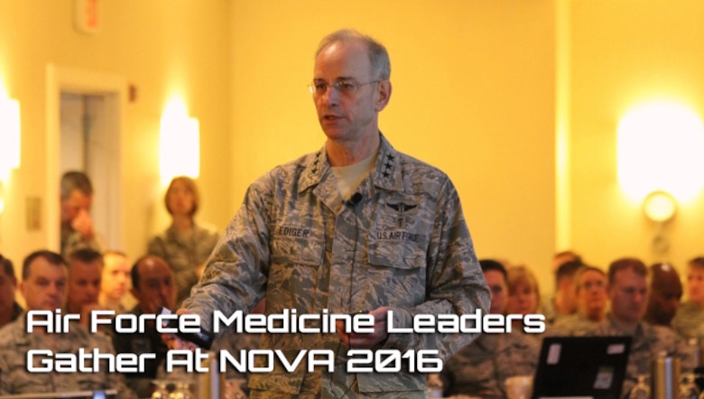 Air Force Surgeon General Lt. Gen. (Dr.) Mark Ediger delivers opening remarks at NOVA 2016. Air Force Medical Service senior leaders assembled in Northern Virginia for the three-day leadership conference to engage in strategic discussions related to Air Force and joint mission medical support. NOVA 2016 commenced on May 24. (U.S. Air Force photo by Prerana Korpe, AFMS Public Affairs) 