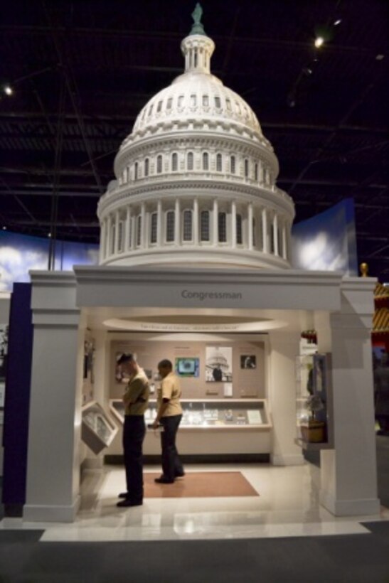 Sailors from the aircraft carrier USS George H.W. Bush tour the George Bush Presidential Library and Museum during a Sept. 3, 2015, visit to College Station, Texas. Their museum visit is courtesy of the annual Blue Star Museums program, which offers free admission to military members and their families at more than 2,000 museums across the country and two U.S. territories. The program is a collaborative effort of the Defense Department, Blue Star Families and the National Endowment for the Arts. This year, the Blue Star Museums program is available from May 30, 2016, to Sept. 5, 2016. Navy photo by Petty Officer 2nd Class Jen Blake