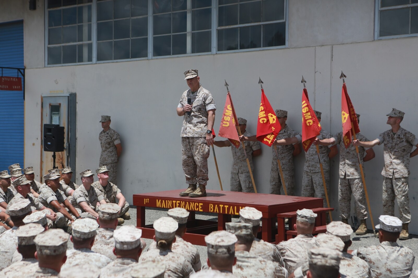 U.S. Marine Corps Gen. Robert Neller, Commandant of the Marine Corps, talks to Marines of 1st Maintenance Battalion, Combat Logistics Regiment 15, 1st Marine Logistics Group on Camp Pendleton, Calif., May 24, 2016. Gen. Neller addressed the future of the Marine Corps and answered questions from the Marines. (U.S. Marine Corps photo by Sgt. Rodion Zabolotniy, Combat Camera, Camp Pendleton/RELEASED)