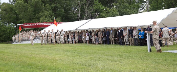 Chemical Biological Incident Response Force (CBIRF) stand at attention during its Change of Command Ceremony. Col. Michael L. Carter assumed command of CBIRF, U.S. Marine Corps Forces Command (MARFORCOM),  from Col. Stephen E. Redifer during a change of command ceremony aboard Naval Support Facility Indian Head, Md., May 18, 2016. Carter thanked Redifer for his outstanding work with CBIRF and said he was thankful for the opportunity to take command of the Nation’s premier chemical, biological, radiological, nuclear and high-yield explosives (CBRNE) consequence management and incident response force in readiness. (U.S. Marine Corps by Sgt. Jonathan S. Herrera/Released)