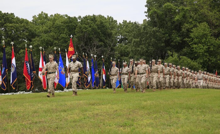 Chemical Biological Incident Response Force (CBIRF) march in formation during its Change of Command Ceremony. Col. Michael L. Carter assumed command of Chemical Biological Incident Response Force (CBIRF), U.S. Marine Corps Forces Command (MARFORCOM),  from Col. Stephen E. Redifer during a change of command ceremony aboard Naval Support Facility Indian Head, Md., May 18, 2016. Carter thanked Redifer for his outstanding work with CBIRF and said he was thankful for the opportunity to take command of the Nation’s premier chemical, biological, radiological, nuclear and high-yield explosives (CBRNE) consequence management and incident response force in readiness. (U.S. Marine Corps by Sgt. Jonathan S. Herrera/Released)