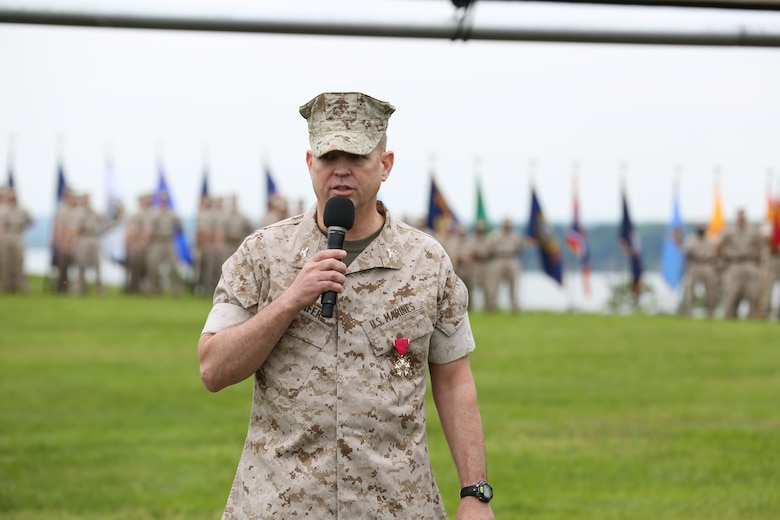Col. Michael L. Carter assumed command of Chemical Biological Incident Response Force (CBIRF), U.S. Marine Corps Forces Command (MARFORCOM),  from Col. Stephen E. Redifer during a change of command ceremony aboard Naval Support Facility Indian Head, Md., May 18, 2016. Carter thanked Redifer for his outstanding work with CBIRF and said he was thankful for the opportunity to take command of the Nation’s premier chemical, biological, radiological, nuclear and high-yield explosives (CBRNE) consequence management and incident response force in readiness. (U.S. Marine Corps Photo by Sgt. Jonathan S. Herrera/Released)