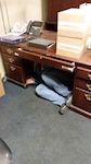 Stacie Wright, DLA Distribution Hill, practices “drop, cover, and hold” during the Great Utah ShakeOut.  