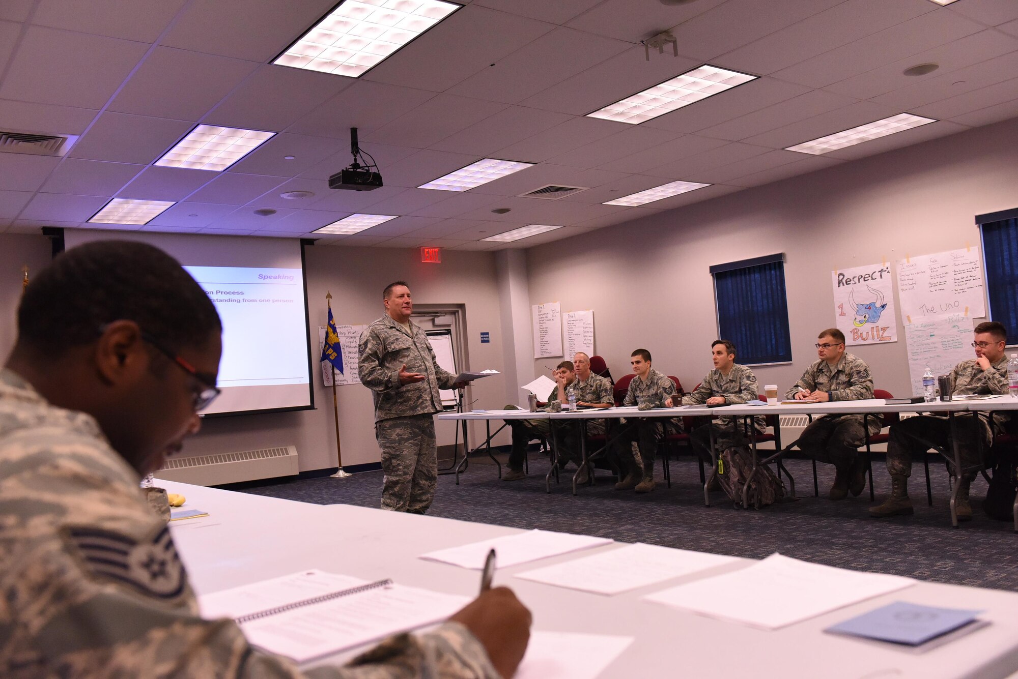 Staff Sgt. Brian Sauls, dental technician with the 911th Aeromedical Staging Squadron, takes notes as Tech. Sgt. James Lee, Air Force Reserve Command NCO Leadership Development Course facilitator, presents a lesson on effective communication during the NCOLDC held at the Pittsburgh International Airport Air Reserve Station, Pa., May 11, 2016. Twenty-five staff and technical sergeants from the 911th Airlift Wing were identified as perspective leaders of the future by their group commanders and selected to attend the week-long course focused on leadership and management practices. (U.S. Air Force photo by Staff Sgt. Jonathan Hehnly)