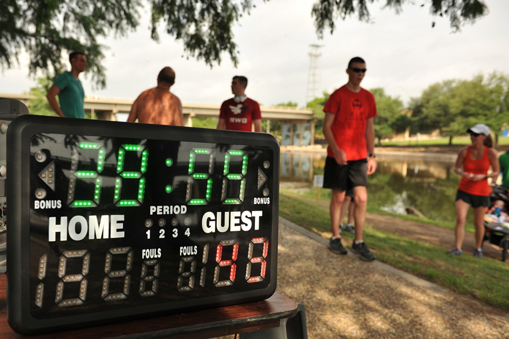 A scoreboard displays each runners time as they complete the Lt. Goodfellow 7.5k run in San Angelo, Texas, May 21, 2016. Goodfellow Air Force Base celebrated its 75th anniversary and the birth of Lt. John J. Goodfellow with the run.  (U.S. Air Force by Airman 1st Class Caelynn Ferguson/Released)