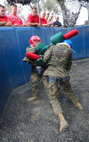 Recruits with Bravo Company, 1st Recruit Training Battalion, compete against each other during Pugil Sticks III at Marine Corps Recruit Depot San Diego, May 24. Before each battle, recruits were paired up by their weight to ensure an even match, so there weren’t any advantages. Annually, more than 17,000 males recruited from the Western Recruiting Region are trained at MCRD San Diego. Bravo Company is scheduled to graduate June 17.