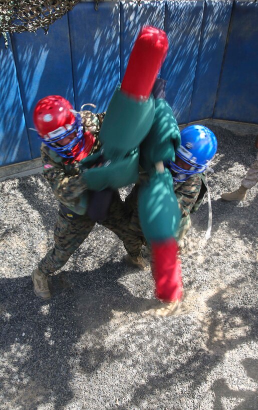 Recruits with Bravo Company, 1st Recruit Training Battalion, compete against each other during Pugil Sticks III at Marine Corps Recruit Depot San Diego, May 24. Recruits were encouraged to use any technique necessary to overcome their opponent during their single match. Annually, more than 17,000 males recruited from the Western Recruiting Region are trained at MCRD San Diego. Bravo Company is scheduled to graduate June 17.