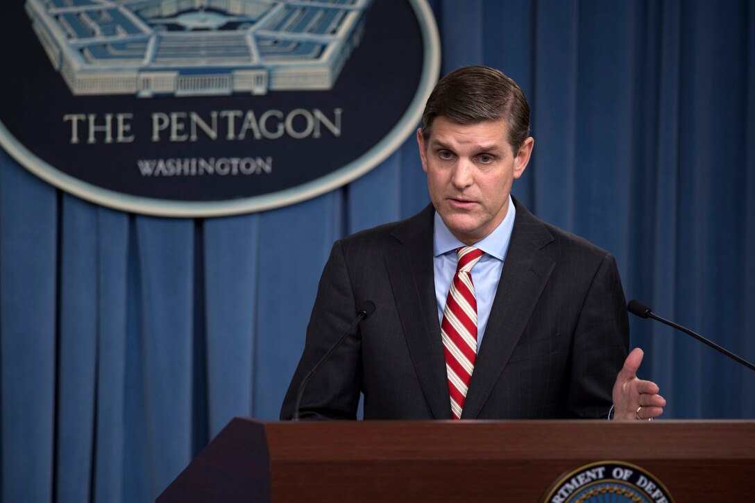 Pentagon Press Secretary Peter Cook conducts a press briefing with reporters at the Pentagon in Washington, D.C., May 26, 2016. DoD photo by Air Force Senior Master Sgt. Adrian Cadiz